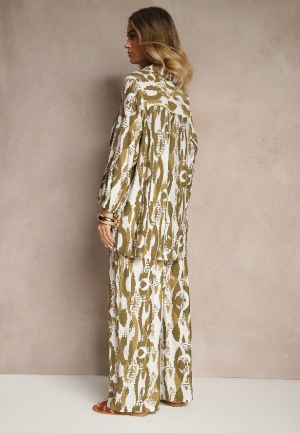 Zielony Komplet z Wiskozą Bluzka o Koszulowym Kroju i Szerokie Spodnie Sariliana