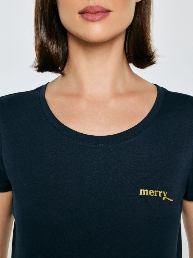 Koszulka damska z brokatowym nadrukiem granatowa Merra 403