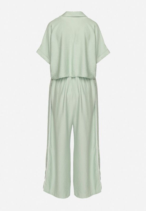 Jasnozielony Wiskozowy Komplet Krótka Koszula i Szerokie Spodnie Davitta