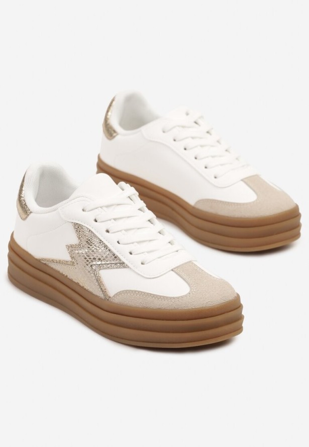 Złoto-Białe Sneakersy na Kauczukowej Podeszwie z Geometrycznym Wzorem Tolionne