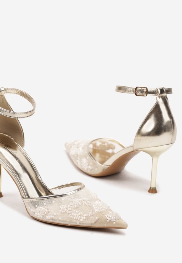 Złote Sandały z Transparentną Siateczką i Cekinami na Szpilce z Zapięciem wokół Kostki Olithwena