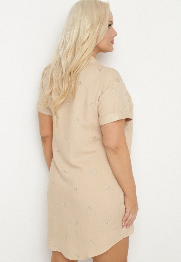 Beżowa Bawełniana Tunika z Ozdobnymi Guzikami i Naszywkami Sovozi