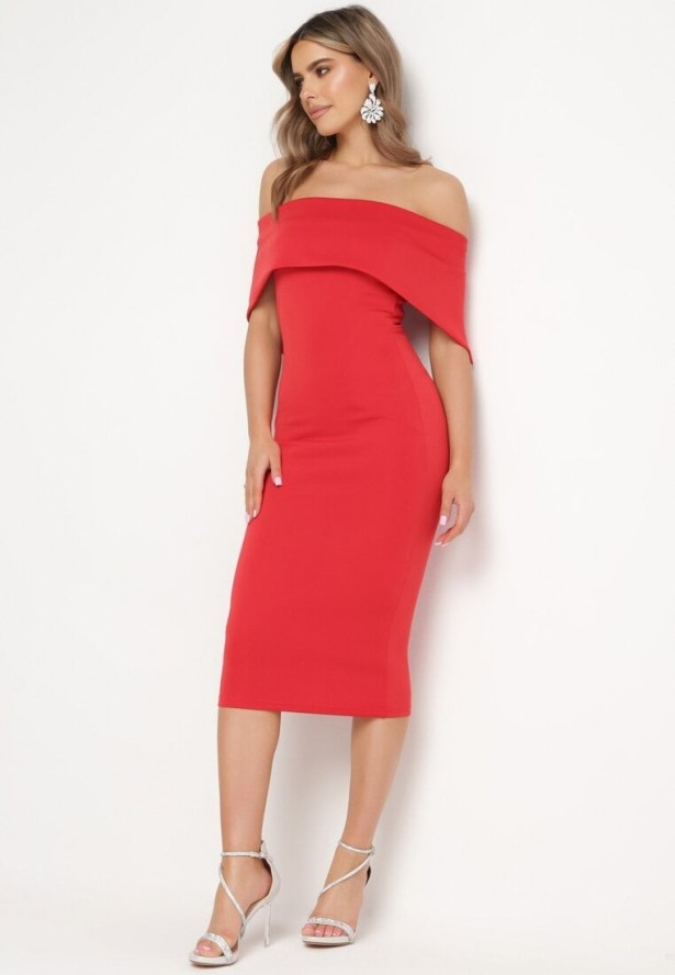 Czerwona Klasyczna Dopasowana Sukienka z Wywiniętym Dekoltem Luvlia