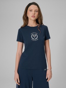 4F T-shirt slim z nadrukiem damski - granatowy XL
