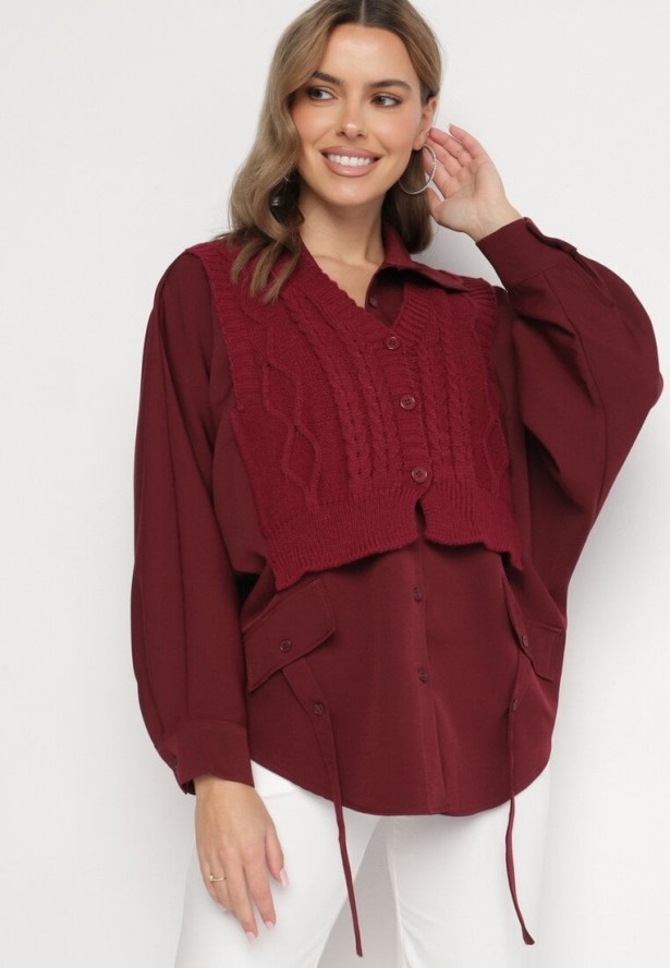 Bordowa Koszula o Nietoperzowym Kroju z Naszytą Dzianinową Kamizelką Hanorielin