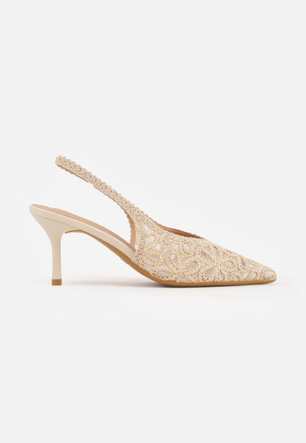 Beżowe Szpilki VICES Slingback Ozdobione Kwiatowym Wzorem i Cekinami Loraereida
