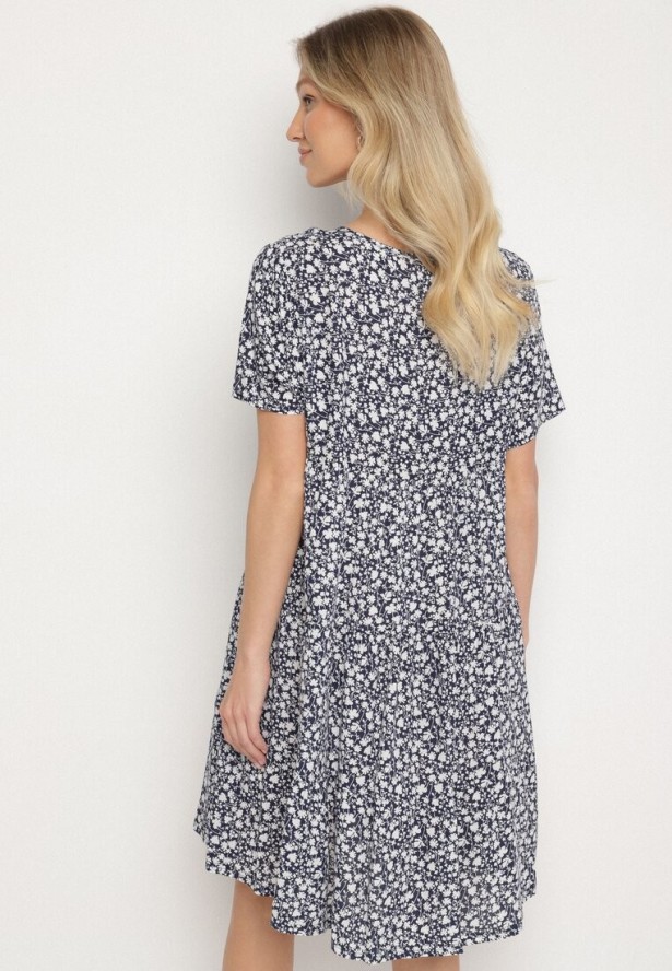 Niebieska Sukienka z Bawełną w Kwiatowy Wzór Lunasenia