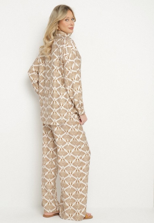 Beżowo-Brązowy Wiskozowy Komplet w Etniczny Wzór Koszula i Spodnie Desaviana