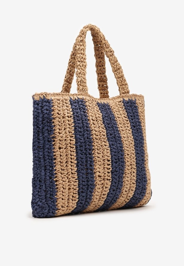 Granatowo-Beżowa Pleciona Torebka z Rączką i Ozdobnym Napisem Rivasina