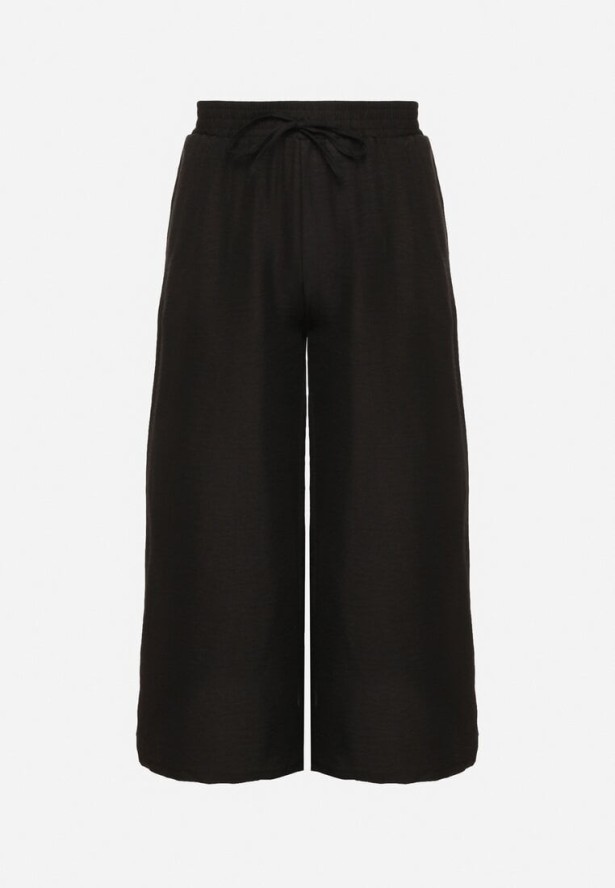 Czarne Spodnie o Szerokim Kroju z Wysokim Stanem i Wiązaniem Telarieta