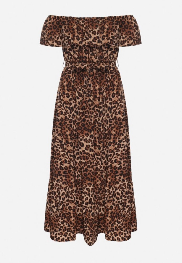 Brązowa Sukienka Hiszpanka w Panterkę o Rozkloszowanym Kroju z Gumką w Talii Giterta