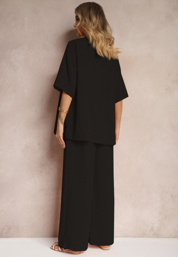 Czarny 2-Częściowy Komplet Koszula z Krótkim Rękawem Spodnie z Gumką w Pasie Vimacia