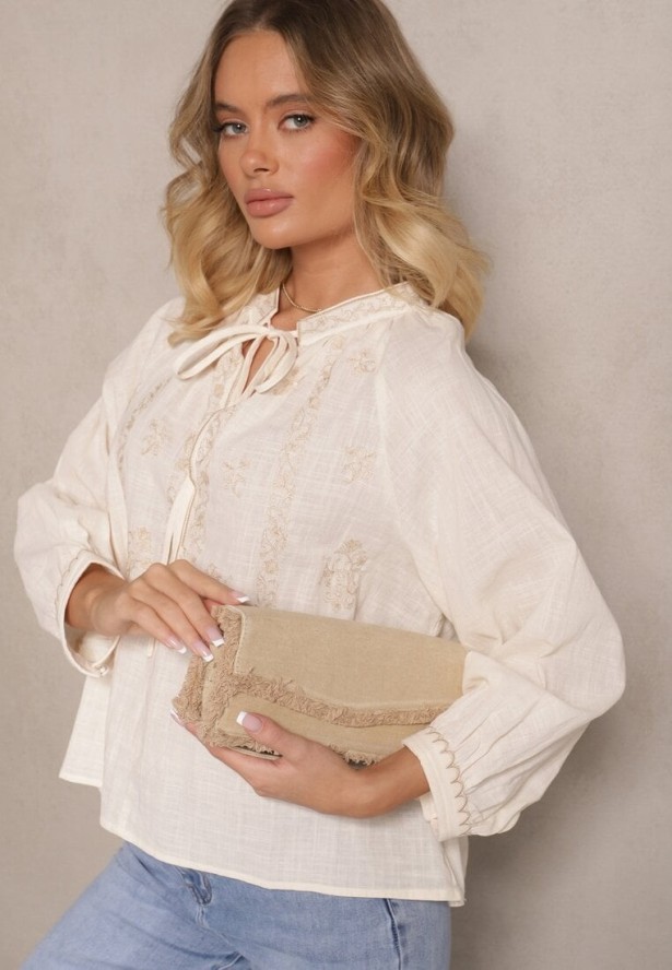 Beżowa Haftowana Bluzka z Bawełny z Wiązaniem Emvivia