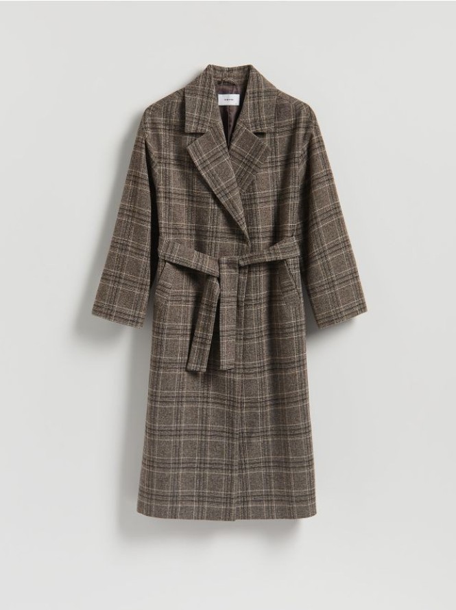 Wiązany płaszcz w kratę - wielobarwny