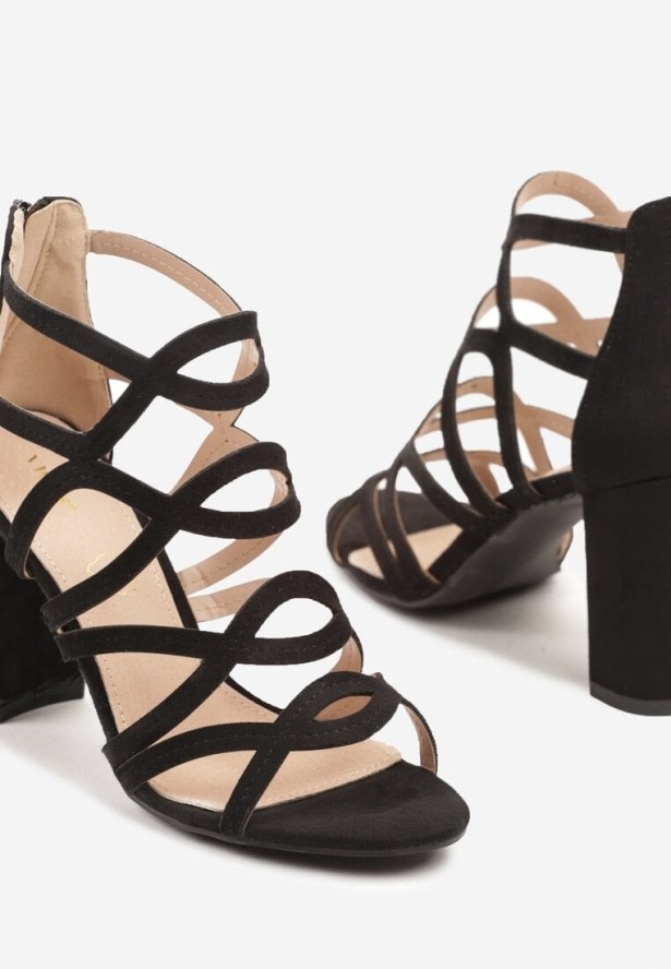 Czarne Ozdobne Sandały Vices na Słupkowym Obcasie ze Skórzaną Wkładką Sesilla
