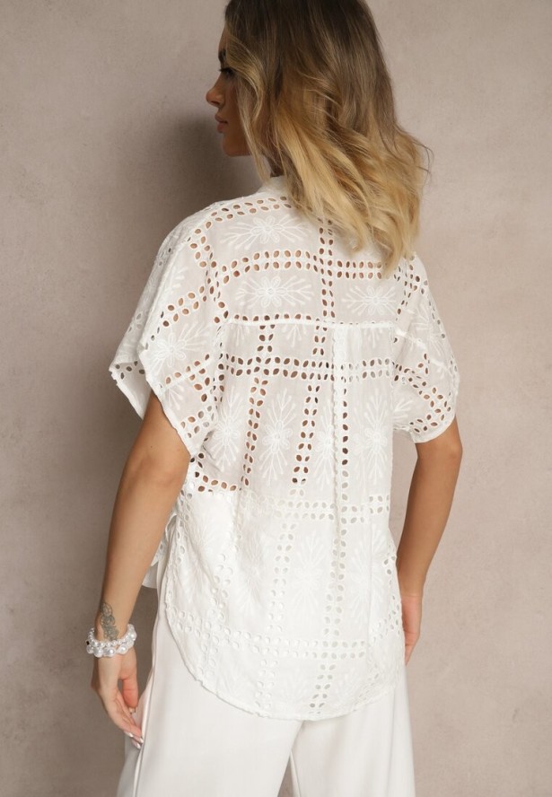 Biała Koszula z Bawełny z Ażurowym Wzorem Telannia