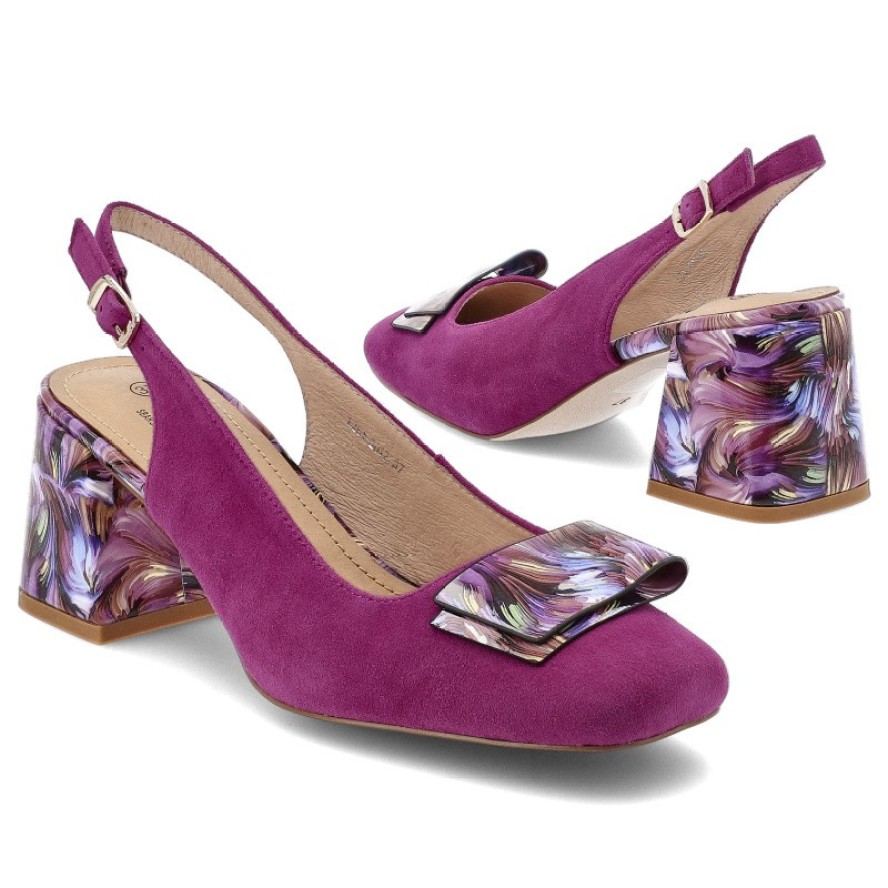 Czółenka damskie S.Barski, cholewka ze skóry naturalnej z odkrytą piętą na efektownym obcasie z artystycznym printem oraz dekoracyjną kokardą, różowe