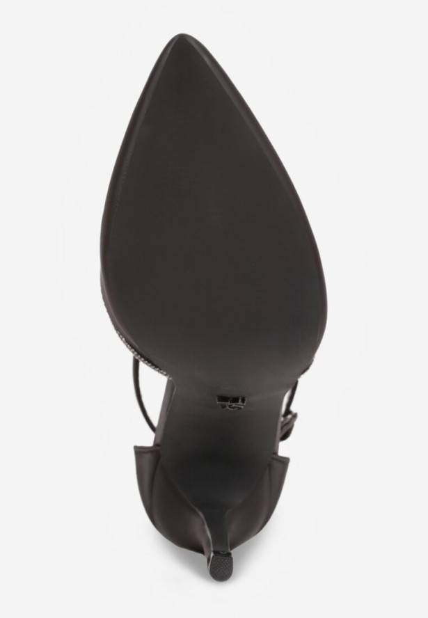 Czarne Satynowe Szpilki Vices z Wkładką ze Skóry Naturalnej i Ozdobnym Cyrkoniowym Paskiem Lizzeth