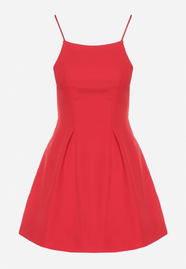 Czerwona Sukienka Vices o Rozkloszowanym Kroju na Ramiączkach Zdobiona Zakładkami Sarileve