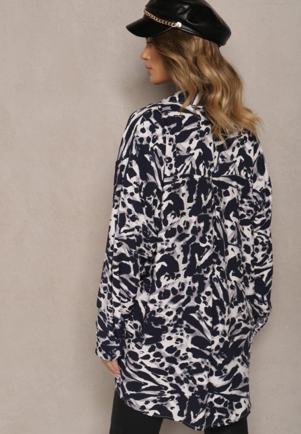 Granatowa Koszula z Wiskozy z Lnem i Abstrakcyjnym Wzorem Emariline