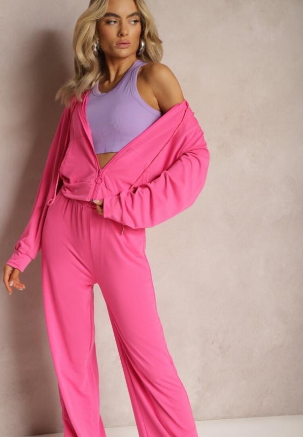 Fuksjowy Komplet Dresowy o Luźnym Kroju Bluza na Suwak z Kapturem i Spodnie Szerokie Ezorila