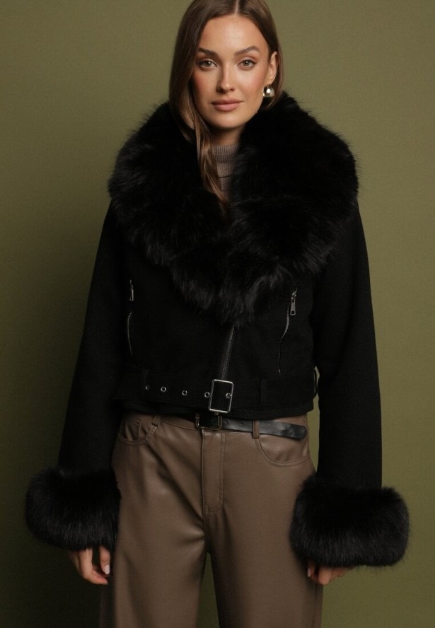 Czarna Ocieplana Kurtka Ramoneska z Futrem przy Kołnierzu i Rękawach Mevesala