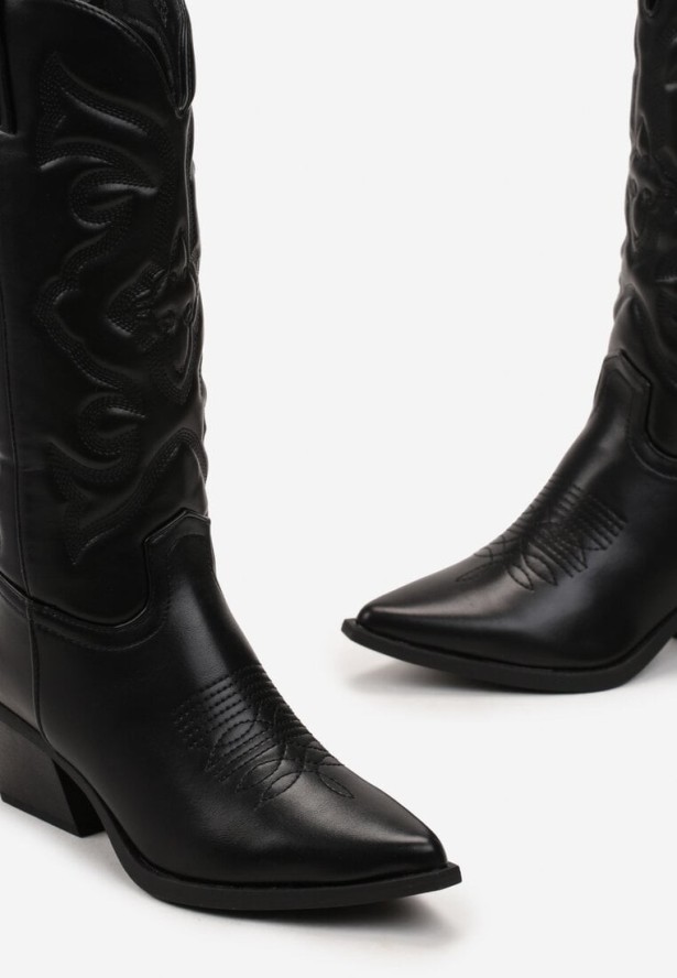 Czarne Kozaki Kowbojki na Stożku z Przeszyciami Ganavou