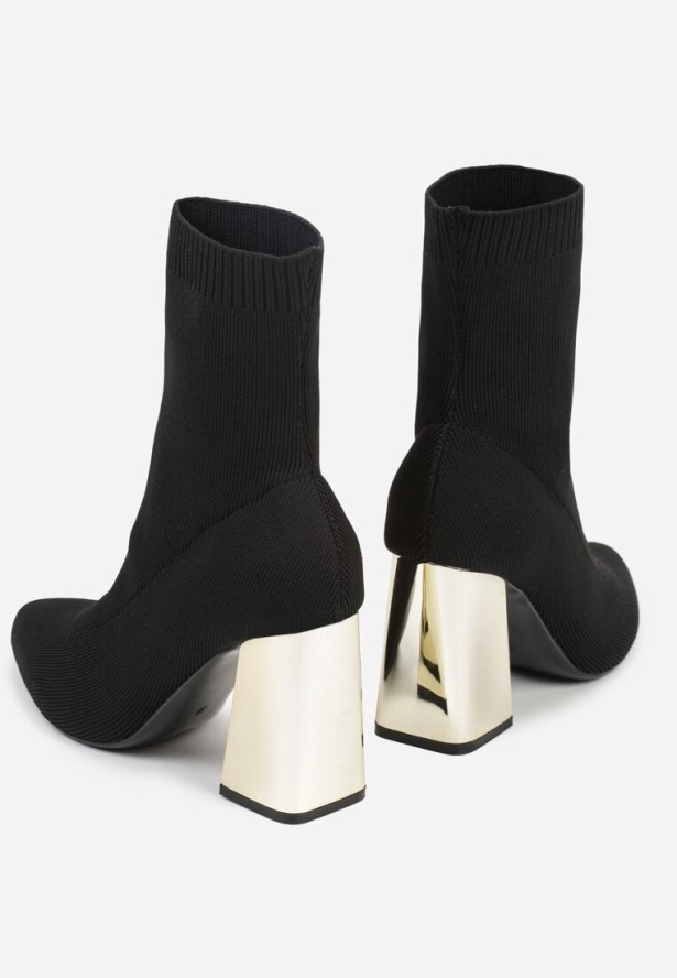 Czarno-Złote Eleganckie Botki VICES na Słupku ze Skarpetkową Cholewką Rasoria