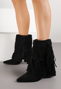 Czarne Botki w Stylu Boho z Wywiniętą Cholewką i Frędzlami Harile