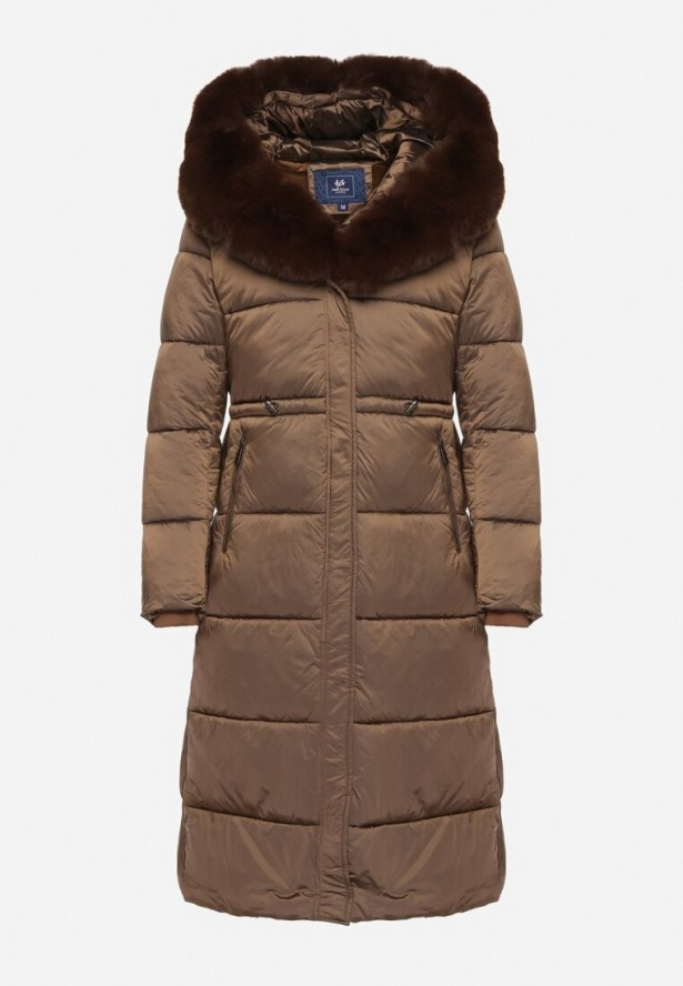 Brązowa Długa Kurtka Puchowa z Pikowanymi Przeszyciami i Kapturem z Futrem Zevea
