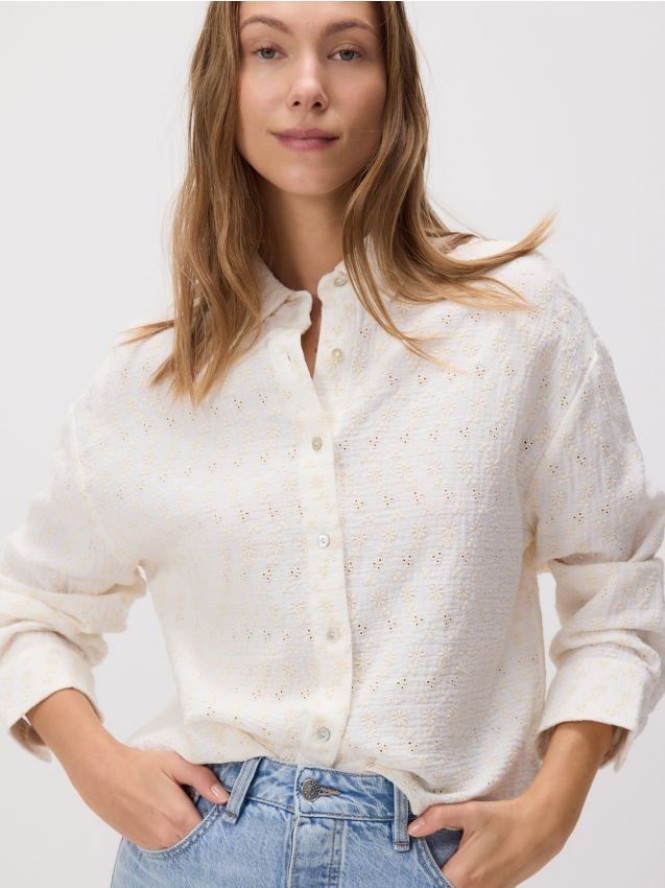 Bawełniana koszula z ażurowym haftem - złamana biel