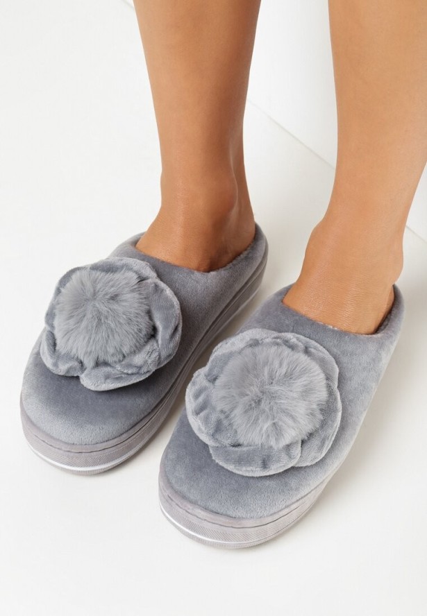 Szare Kapcie na Platformie z Pomponem Conine