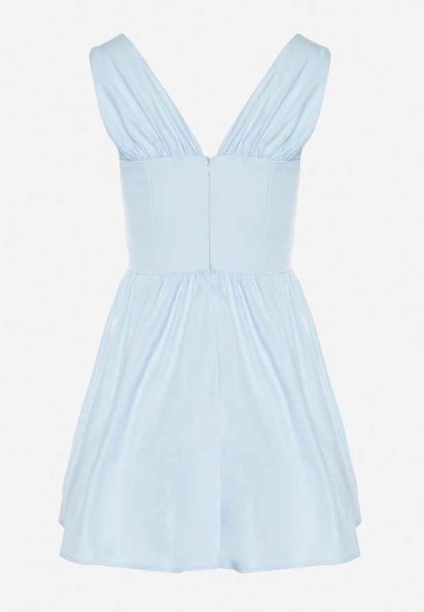 Niebieska Sukienka Vices o Rozkloszowanym Kroju z Wiązaniem Foliseia