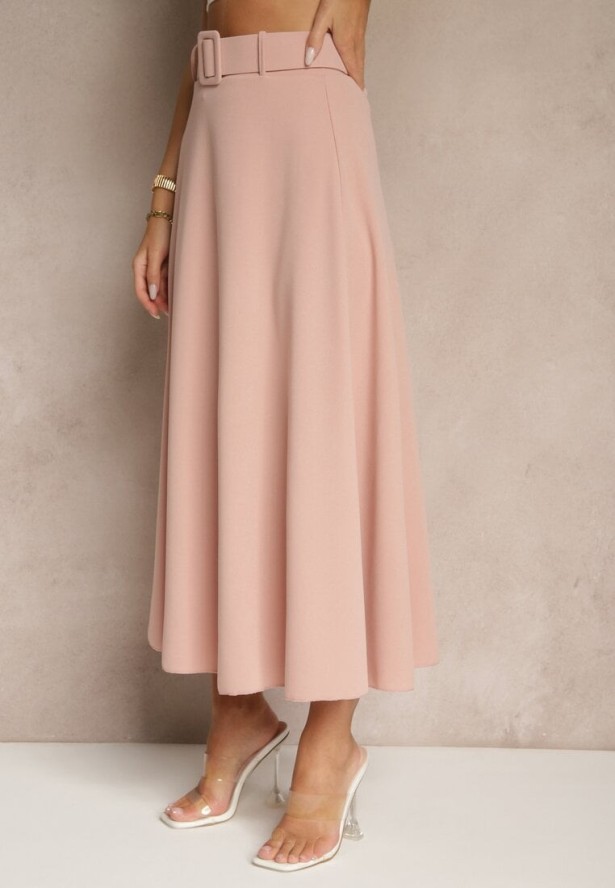 Różowa Rozkloszowana Spódnica Maxi z Paskiem i Klamrą Adlirca
