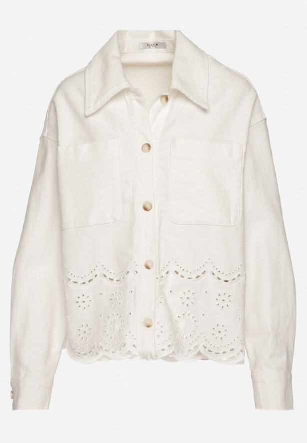 Biała Kurtka Koszulowa z Kieszeniami i Ażurowym Tłoczeniem Kaliven