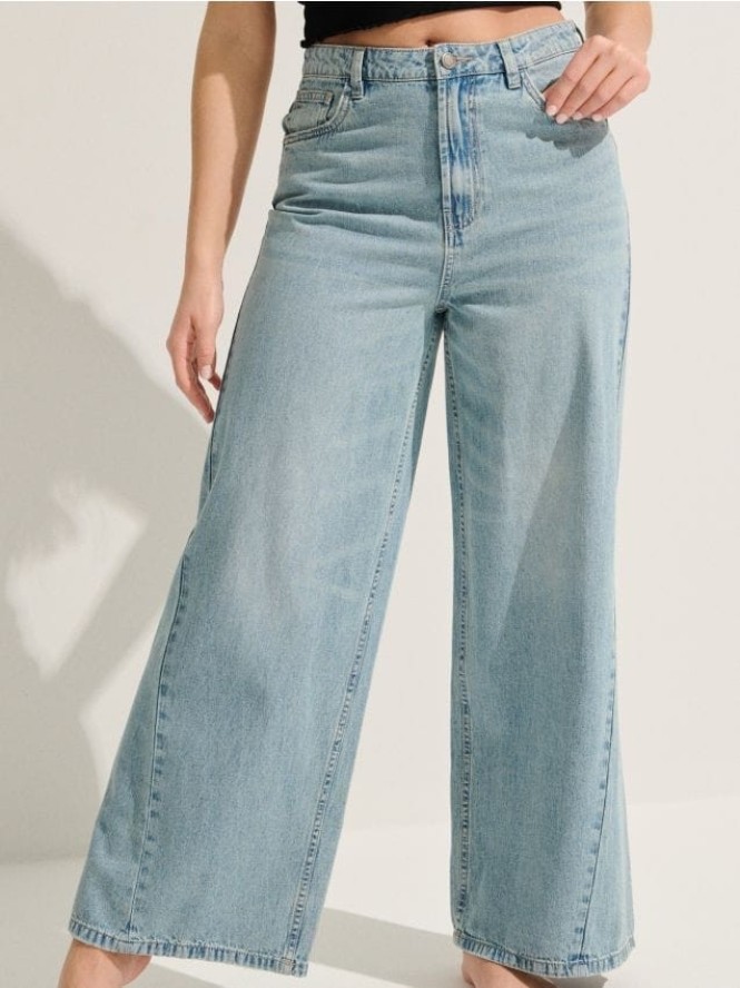 Jeansy wide leg z przeszyciami - turkusowy