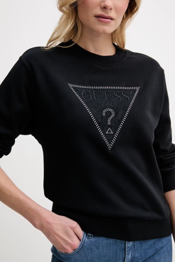GUESS Czarna bluza damska z cyrkoniami Triangle Lace, Rozmiar XL
