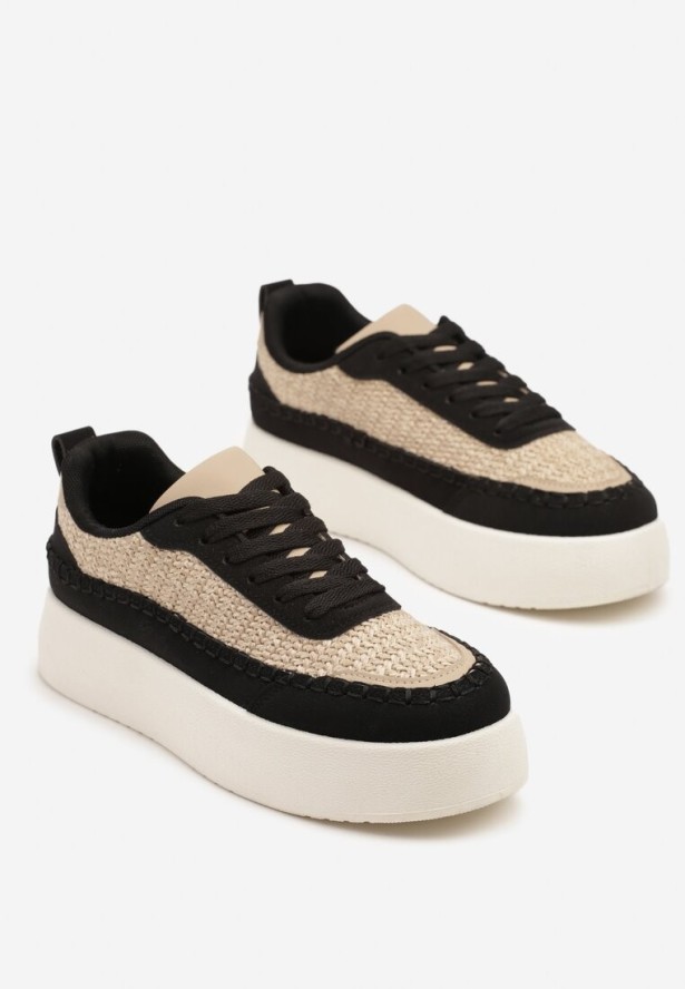 Czarne Sneakersy na Platformie Ozdobione Plecionką Nilaraviela