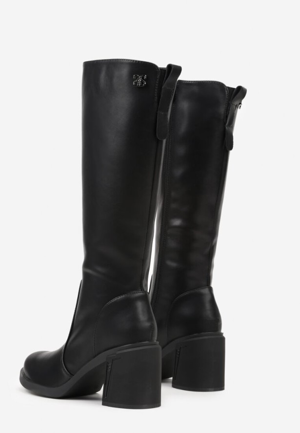 Czarne Kozaki VICES na Słupku ze Skóry Naturalnej Ozdobione Aplikacjami Refesa