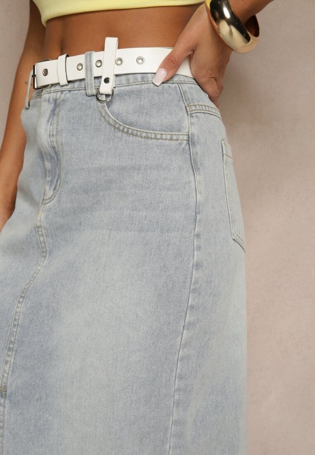 Jasnoniebieska Spódnica Jeansowa o Ołówkowym Kroju Zdobiona Rozcięciem Lisovira