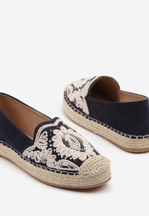 Granatowe Espadryle z Plecioną Podeszwą Cekinami i Haftem Merelitia