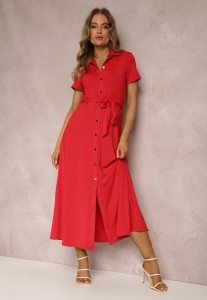 Czerwona Sukienka Koszulowa z Wiązanym Paskiem Asheila