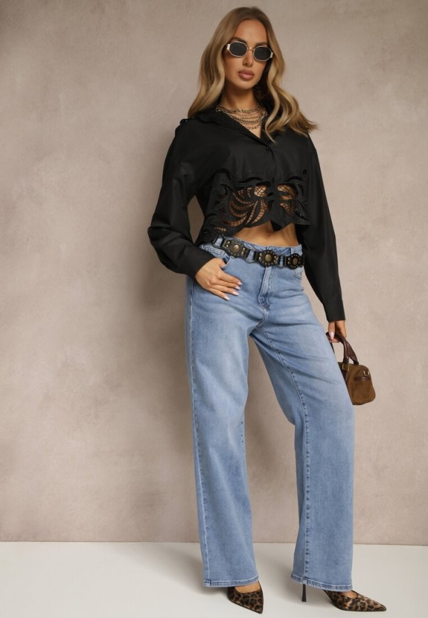 Czarna Koszula Oversize z Wiskozą o Krótkim Kroju z Ażurowymi Zdobieniami Dorbia