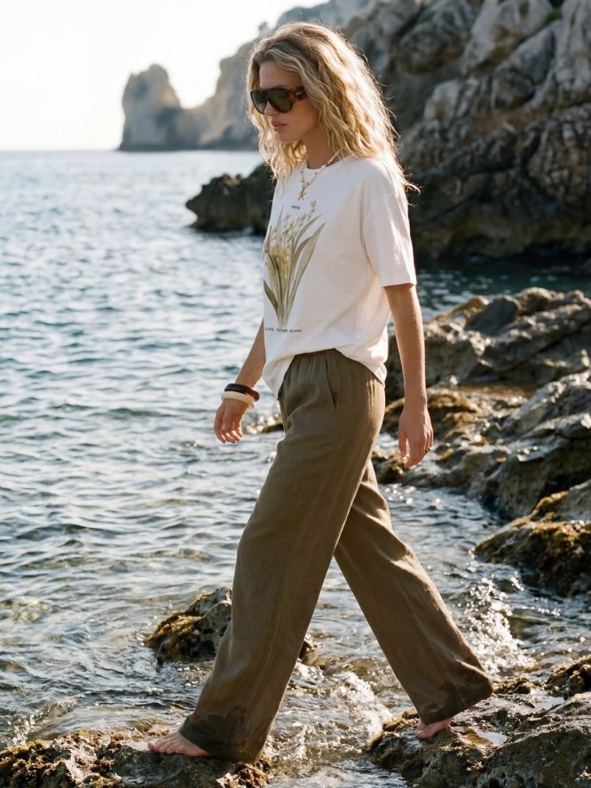 spodnie damskie wide lniane khaki medisa 303