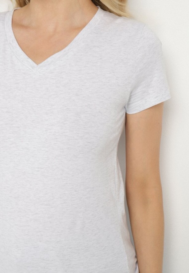 Jasnoszary T-shirt z Bawełny z Trójkątnym Dekoltem Semiora