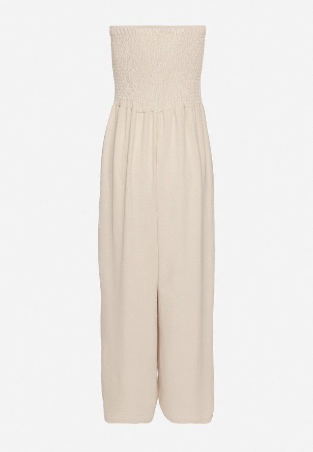 Beżowy Kombinezon Bez Rękawów z Szerokimi Nogawkami i Frędzlami Dovilla