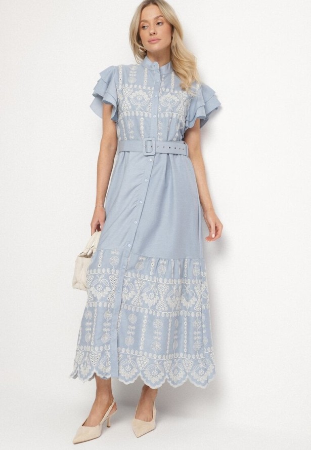Niebieska Sukienka Boho o Rozkloszowanym Kroju z Haftem Falbanami i Paskiem Callindra