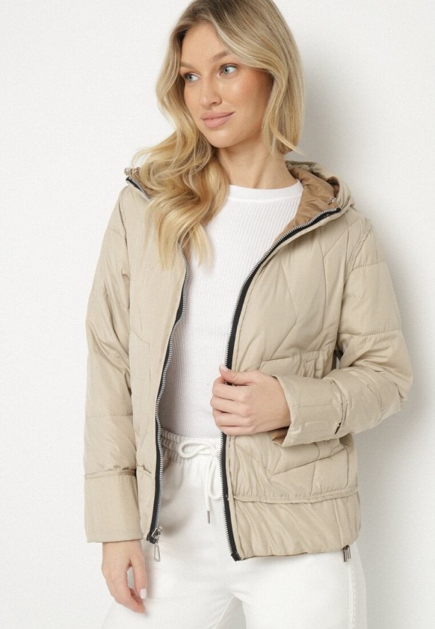 Ciemnobeżowa Dwustronna Kurtka Pikowana z Kieszeniami i Kapturem Eralethra
