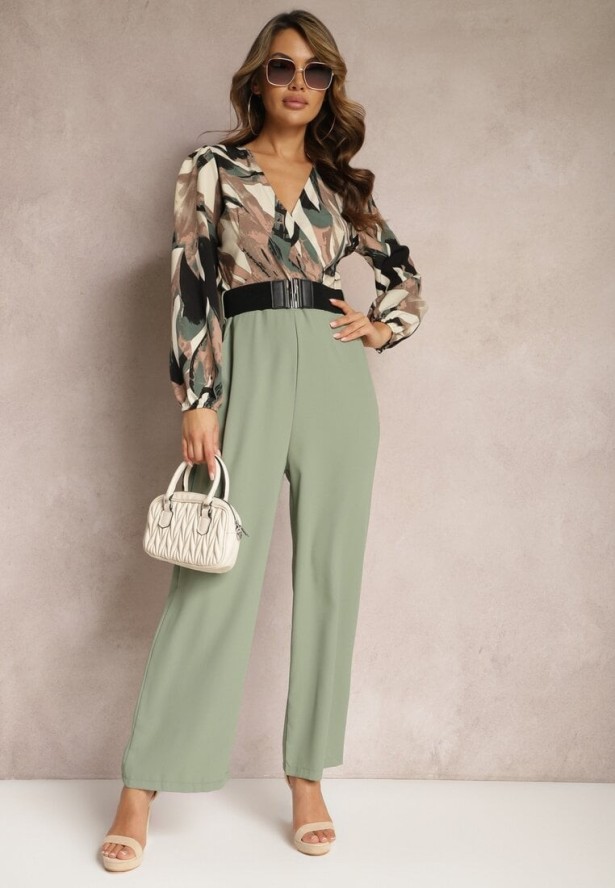 Zielono-Beżowy Kopertowy Kombinezon z Paskiem i Szerokimi Spodniami Nittama