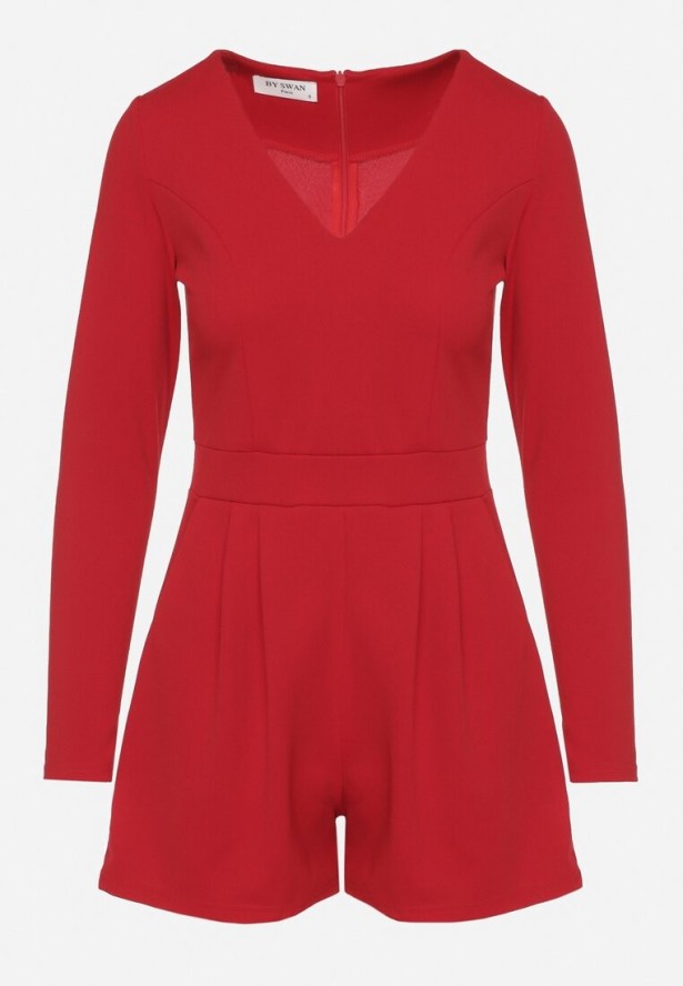 Czerwony Kombinezon z Wiskozą z Dekoltem w Serek i Zakładkami Adivina